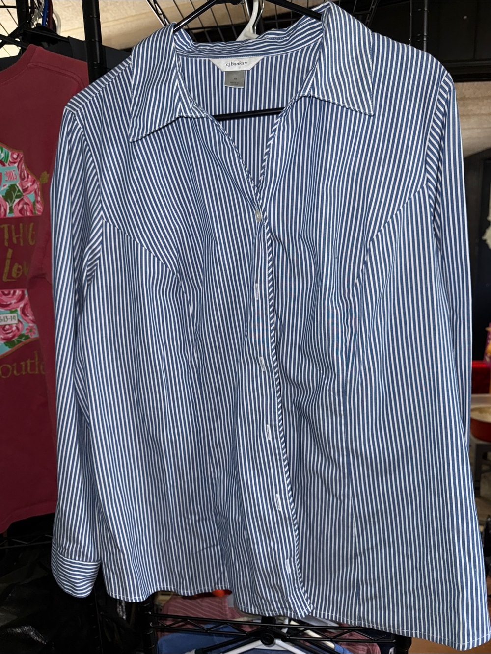 CJ Banks Navy and White Vertical Stripe Button-Up Blouse